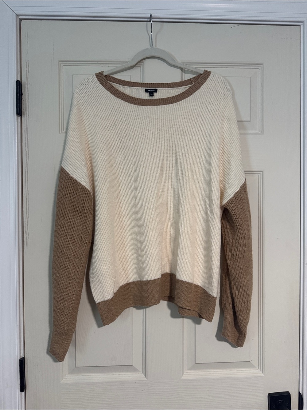 Express Two-Tone Cream and Tan Scoop Neck Sweater